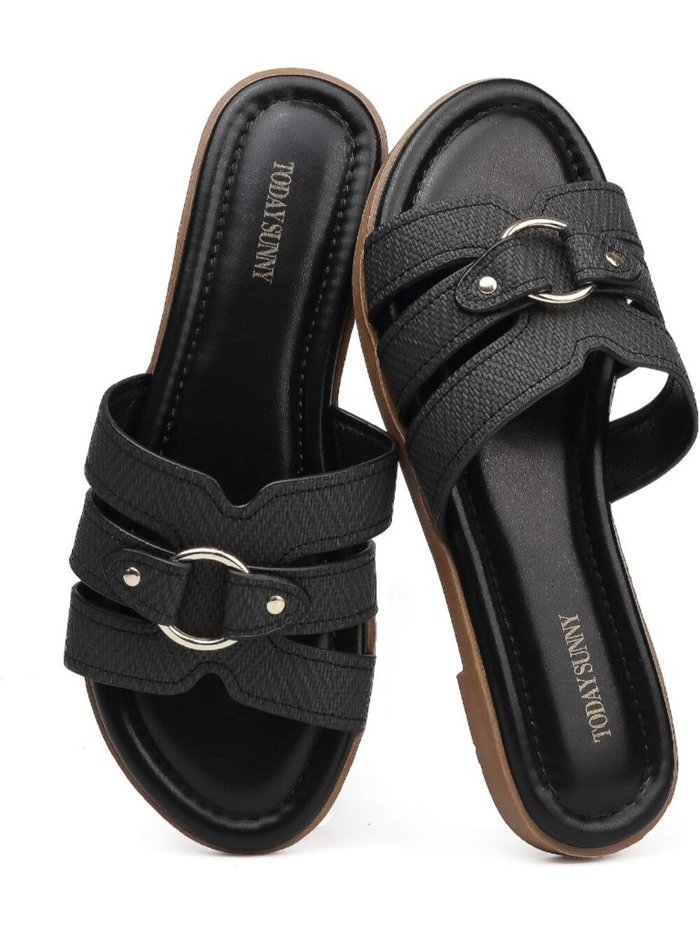 Women's Black Leather Summer Comfortable Open Toe Slip On Beach Flat Sandals